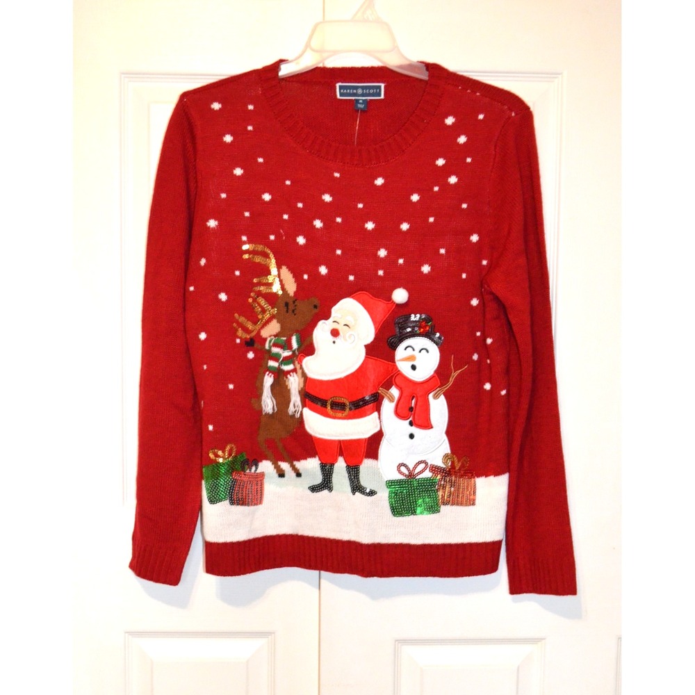 Karen Scott Christmas Whimsy Sweater Womens XL Santa Reindeer Sequin Present New